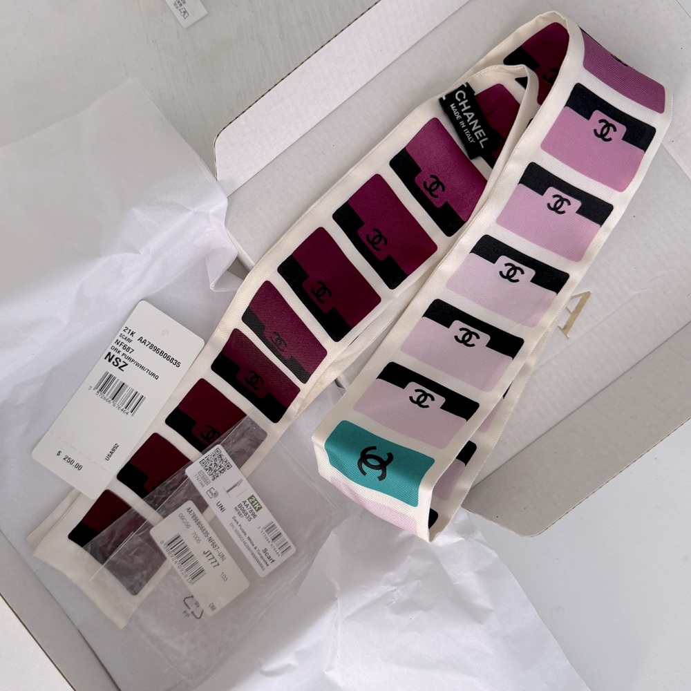 CHANEL 21k slim silk scarf maroon white turquoise